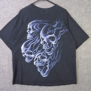 Flaming Skulls Shirt Mens XL Black Blue Flames Graphic Tee Gothic Biker Skull